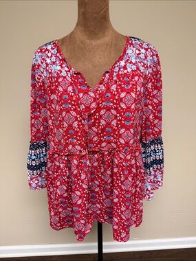 Style & Co. Red Floral Peasant Tunic with Navy Accent.